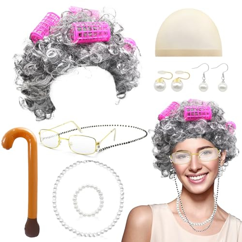 GLGHMH 10pcs Old Lady Kostüm Set Oma Perücke Kappe inkl. Brille Perle Ohrring Armband Halskette Aufblasbarer Gehstock Großmutter Verkleidung Kostüm für Weihnachten Halloween Welttag des Buches