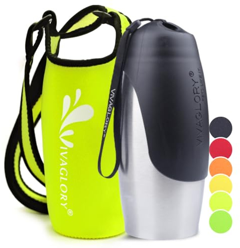 VIVAGLORY Dog Water Bottle & Holder With Strap Combo, 750ml, Bright Yellow | Dog Drinking Bottle with Holder & Shoulder Strap for Travel & Walking, Portable & Stainless Steel for Pet Doggy