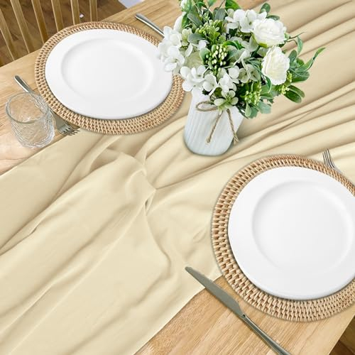 Beige Chiffon Tischläufer Mit Rosa passendem Band Hochzeit Stoff Tüll Boho Table Runner Seiten Läufer Tisch Käsetuch Waschbar 80 * 300cm