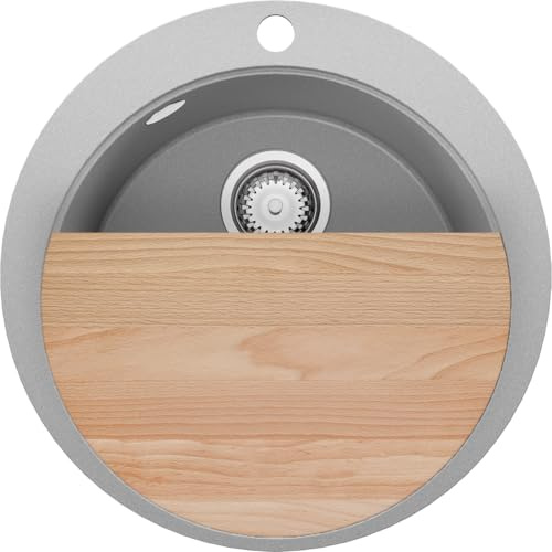 PRIMAGRAN Spülbecken Rund ab 50er Unterschrank + Ablauf-Set, 53x53cm | Set: Ablauf-Set (Siphon, Ablaufgarnitur, Überlauf) + Schneidebrett + Granitspüle 1 Becken - Piza, Grau