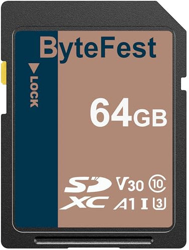 ByteFest Carte SD 64 Go, Carte SDXC Mémoire SD UHS-1 Classe 10, A1, U3, V30, Full HD Vidéo, pour Appareil Photo, DSLR, Photographe Professionnel