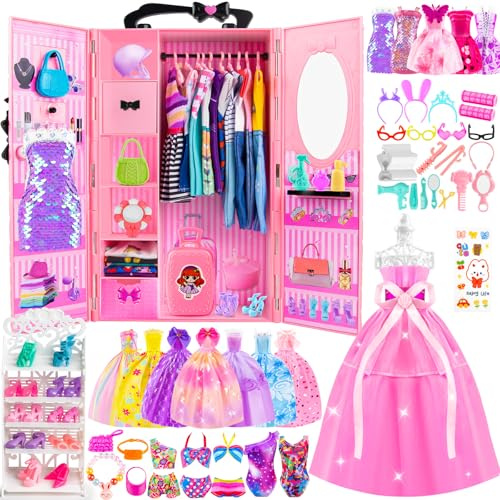 137 Pcs Doll Closet Playset Clothes and Accessories for 11.5 Inch Dolls, Included Princess Dresses,Fashion Dresses,Casual Clothing,Swimsuits,Bags,Shoes,Doll Dress up Toys for Girls Kids Toddlers Gifts