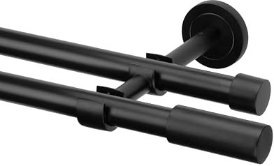 Ventanara® Gardinenstange schwarz matt 19mm 2-läufig mit Endstücken und Halterungen für Wandmontage (Zylinder, 320 cm / 2-läufig/Wand)