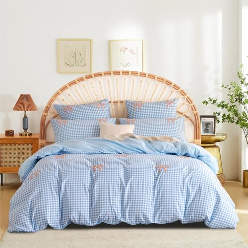 Housse de Couette Tuftée 200x200 Bleu à Carreaux 2 Taies d'oreiller 65x65 | Broderie Parure de Lit 2 Personnes Adulte Ado Filles Shabby Chic Linge de lit avec Fermeture Éclair