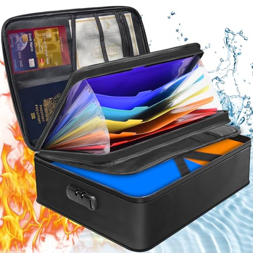Tiskgg Feuerfeste Dokumentenbox mit 7 Fächern, Akten-Organizer, feuerfeste Dokumententasche mit Schloss, tragbare Aktentasche für wichtige Dokumente, A4