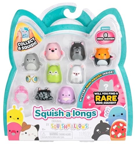 Squish-a-longs Mini-Squish 8-Pack (Wave 3, Style 3) - Pink Flamingo, Griffin, Octopus, Lemur, Cairn Terrier, Green Llama, Manatee, and a mystery Mini-Squish