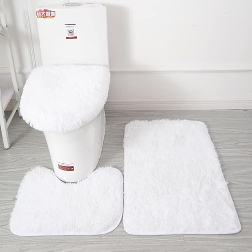 3PCS Soft Microfiber Bathroom Rugs Sets,Non-Slip Bath Mat Fluffy Plush Toilet Seat Cover for Bathroom,Water Absorbent Bathmat,Machine Washable (White)