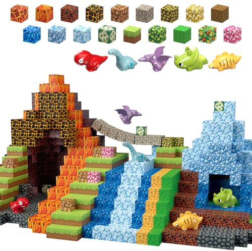 TUKIIE Magnetic Blocks - 205PCS 1inch Magnetic Building Blocks Dinosaur Cave Worlds, STEM Learning Magnet Construction Cubes Toys Birthday Gifts for Kids Boys 3-12 Years Old