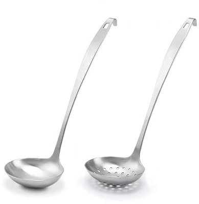 Stainless Steel Ladle,Serving Scoop and Ladle Strainer Set of 2 with Hook and Hole for Easy Hanging,Cooking Soup Ladles for Kitchen