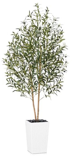 VeriNatural 180cm Artificial Olive Tree -UV Protection Tall Artificial Plant with Large Pot for Indoor Outdoor Faux Silk Leaves & Real Wood Trunk - Fake Tree for Home Office Living Room Decor
