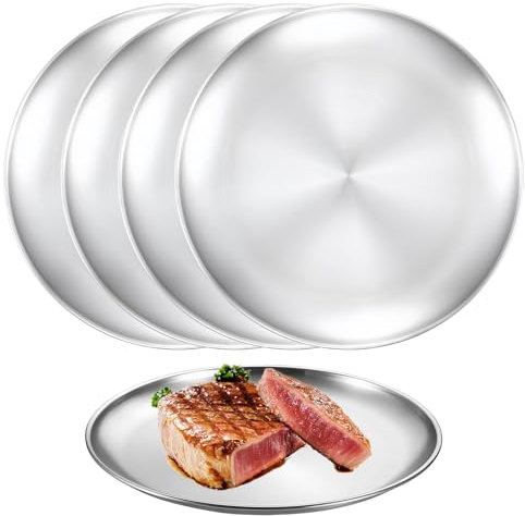 Sporgo Lot de 4 assiettes rondes en acier inoxydable : Φ 20 cm - Vaisselle ronde en acier inoxydable - Assiettes de camping pour camping, pique-nique, randonnée, cuisine, Par (A)