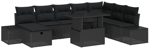 vidaXL 9-teiliges Garten-Sofa-Set mit Kissen in Schwarz aus Poly-Rattan