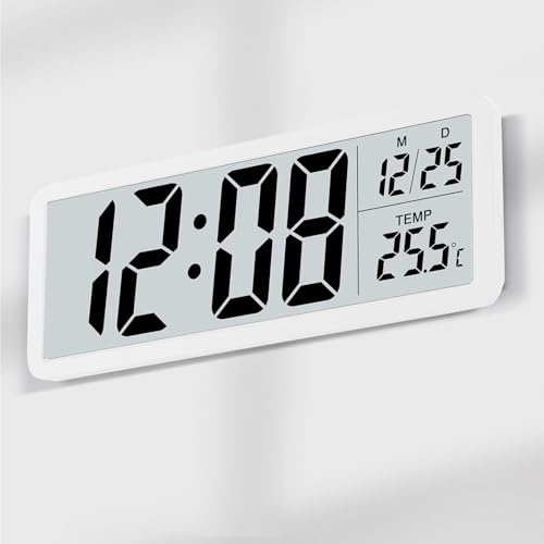 Digitale Wanduhr Batteriebetrieben, Funkuhr Digital, Led Digitaluhr, Digital Wall Clock mit Temperaturanzeige, Kalenderanzeige, Tischuhr Lautlos für Wohnzimmer, Schlafzimmer, Büro, Schule(Weiß)