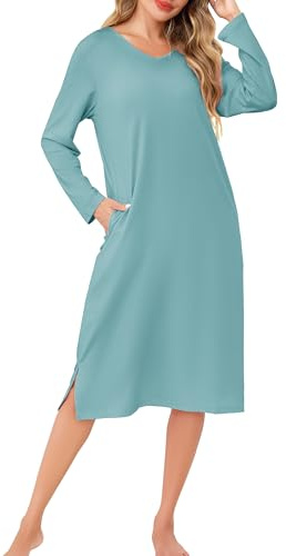 Wikoan Chemise de Nuit Femme en Coton Chemise de Nuit Longue Super Doux Robe Hiver Pyjama à Manches Longues Col en V avec Poches S-3XL