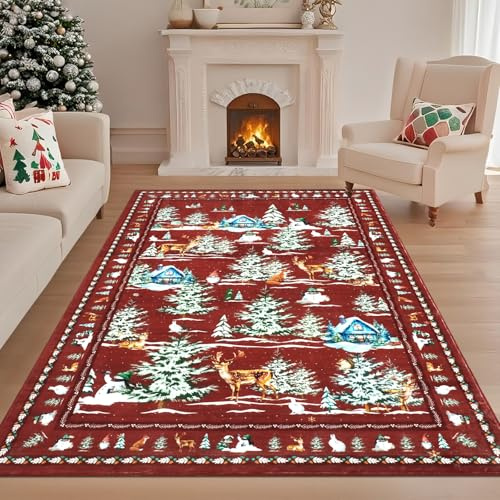 Geanup Weihnachtsteppich 120 x 180 cm Waschbar, Rot Schnee Baum Teppich Weihnachten für Wohnzimmer Rutschfester, Weicher Kurzflor Weihnachts Dekoteppich für Schlafzimmer Küche Esszimmer Kinderzimmer