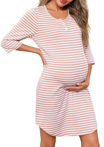 Marvmys Chemises De Nuit Femme Coton d'allaitement Robe De Nuit Bouton à Manches 3/4 Ouvert Devant Vêtements Rayure Cardigan d'Intérieur Femme S-3XL