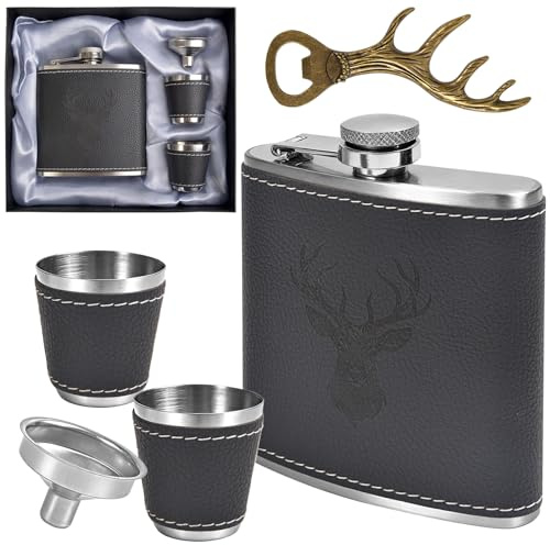Jäger Geschenk Flachmann mit Hirsch Gravur - Edelstahl Flask Flaschenöffner | 6oz/180ml Flachmann mit Schwarzem Leder in Geschenkbox 2x10ml Becher Trichter Schnapskrake Jagd Set Jagdzubehör für Männer