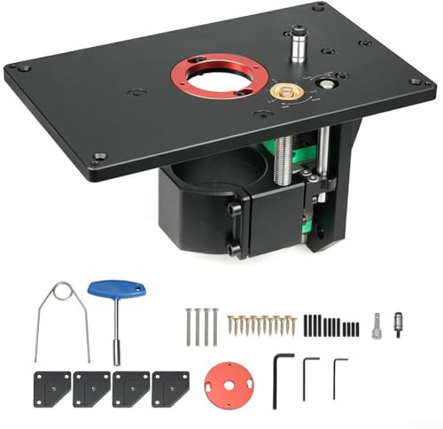 Fräs-Hubtisch aus Aluminiumlegierung für 65 mm Trimmmaschine, umgekehrtes robustes Design mit festem Boden, 0–57 mm präzise Höhenverstellung für Holzbearbeitungs-Bankplatten 25–50 mm