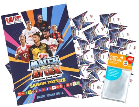 Bundle mit Topps Match Attax Fussball Bundesliga 2025/26-100 Verschiedene Karten + 1 Leere Sammelmappe + Exklusive Collect-it Hüllen