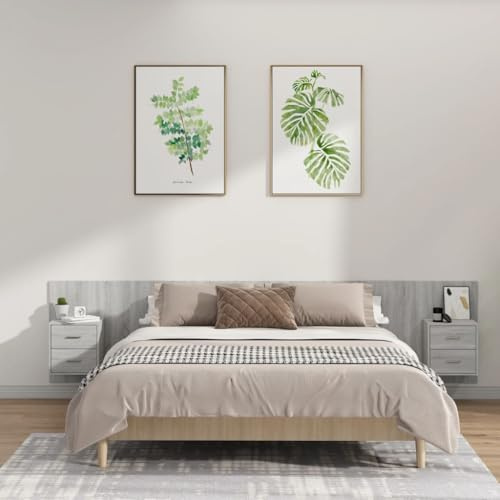 Hoopleep Sonoma Grau Kopfteil mit Nachttischen, Wandmontage, Holzwerkstoff, 240x80 cm, Robustes Bett Kopfteil für Queen-Size und King-Size Betten, praktischer Stauraum