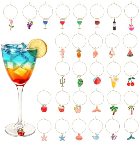 Kynigo Weinglas Anhänger, 30 Stück Glas Markierung Trinkgläser, Ozean Thema Glasmarkierer, Weinanhänger, Weinglas Charms Anhänger für Cocktail, Gastgeschenke, Party Glas Marker