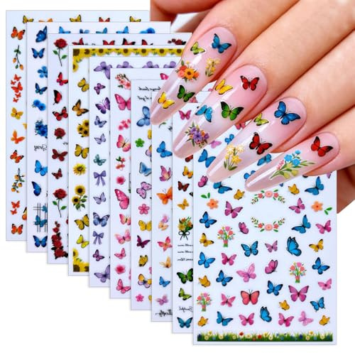 10 Sheets Spring and Summer Butterflies Nail Art Stickers Sunflowers Rose Nail Stickers Colorful Butterfly Flowers Design Nail Decals Design for Women Girls Manicure Decoration