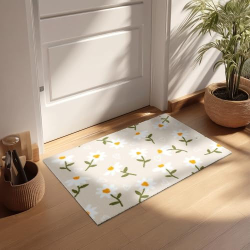 Rutschfeste Sauberlaufmatte innen - Beige Gänseblümchen 66x110cm Rechteckig | Miabella Türmatte rutschfester Läufer Wohnraum Fußmatte extrem saugfähiger Küchenläufer waschbar bei 30°C Schmutzfangmatte