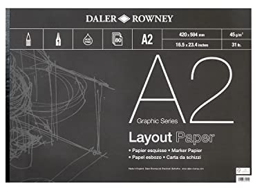 Daler-Rowney Graphic Series 45gsm A2 Layout Paper Pad 80 White Sheets | Glued 1 Side, White Sheets, For Professional Artists, Illustrators & Students