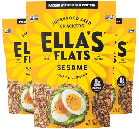 ELLA’S FLATS® Sesame All Seed Savory Crisps – All Natural, Gluten Free, Good Source of Protein, High Fiber, Vegan and Keto Friendly (3 Pack)