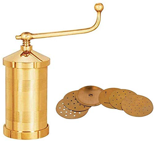 Sahishnu Online & Marketing Brass Sev Sancha Maker, Murkul Maker, Manual Pasta Maker,Shev Maker, Gathiya Murukulu Janthikulu Maker Machine with 6 Different Jali - Brass
