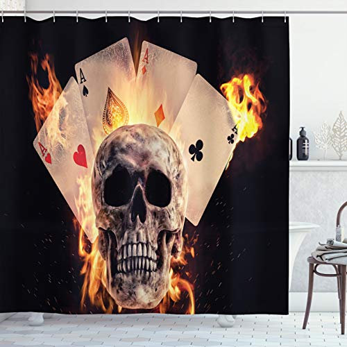 ABAKUHAUS Jeux d'argent Rideau de Douche, Crâne avec Les Cartes Casino, Tissu Ensemble de Décor de Salle de Bain avec Crochets, 175 cm x 220 cm, Gris Anthracite Multicolor