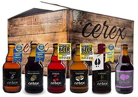 CEREX - Pack 12 cervezas artesanales Cerex 33 cl. - 2 Pilsen, 2 Ibérica de Bellota, 2 Castaña, 2 Cereza, 2 Andares, 2 Frambuesa - Mejor Cerveza Artesanal de España PremiosWorld Beer Awards 2017