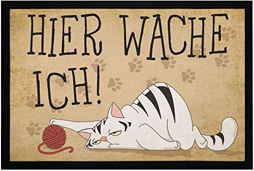 MoonWorks® Fußmatte Katze mit Spruch Hier wache ich Pfoten-Abdrücke rutschfest & waschbar schwarz 60x40cm