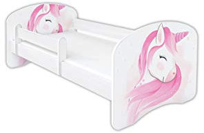 Clamaro 'Schlummerland' Kinderbett 80x160 (bis 150kg belastbar) mit Motiv, Rausfallschutz, Kantenschutz, Matratze und Lattenrost | Jugendbett Weiß | Motiv: 16 Einhorn Kopf Rosa