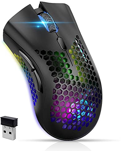 VEGCOO C8 Silent Click - Mouse per computer portatile ricaricabile con guscio a nido d'ape, 3 batterie al litio DPI da 400 mAh, ricevitore USB, mouse ergonomico RGB per laptop PC Mac