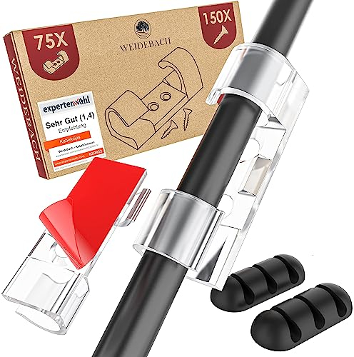 WEIDEBACH® 75 transparente Kabelklemmen inkl. 150 Schrauben, 2 Kabel Organizer extra, Ø7mm starke Kabelbefestigung, perfekte Kabelorganisation, Kabelclips selbstklebend, Kabelhalter, Kabel Halter