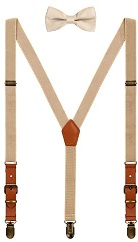 WANYING 2cm Hosenträger Fliege Sets | Retro PU Leder 3 Messingartige Clips Y Form Hosenträger Elastisch Verstellbar für Körpergröße 140-190cm - Beige