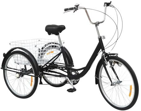BJTDLLX Dreirad für Erwachsene 24 Zoll Fahrrad 6 Gang Erwachsenen Dreirad mit Korb und Licht, 3 Rad Erwachsenendreirad Cityräder Geeignet Für Damen, Herren, Einkaufen, Sport, Freizeit (Schwarz)