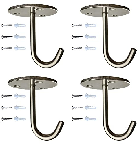MIMOBEI Stainless Steel Ceiling Hooks, Under Cabinet Pot Hooks for Pans, 60Lbs Heavy Duty Ceiling Hooks for Plants, Wind Chimes, Basket,Lanterns, Bed Canopy(4 Pack)