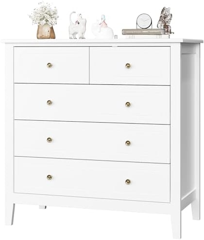 FOREHILL Kommode weiß, Kommode mit 5 Schubladen, Sideboard Komodenschrank für Schlafzimmer Wohnzimmer Flur, 80x40x80cm