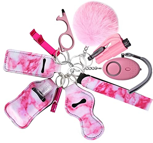 Llavero de Autodefensa, RosyFate 8 in 1 Llavero de Mujer con Kit Autodefensa, con Alarma Personal Autodefensa, Cortador Cinturon de Seguridad y Martillo Rompecristales (Rosa)