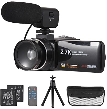 Andoer Videocamara,2.7K 48MP Vlogging Camera 16X Zoom Digital 3.0 IPS Pantalla Táctil con Micrófono, Control Remoto, Mini trípode, Bolsa de Transporte, Lente Macro Gran Angular 0.45X, 2 baterías
