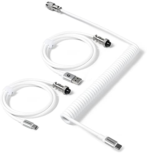 MAMBASNAKE C04 Câble USB C Spiralé pour Claviers Mécaniques, Câble Aviateur 2 en 1 Custom - USB A to Type C et Type C to Type C, Charging Câble Double Sleeved avec Connecteur Aviateur 5 Pin - Blanc