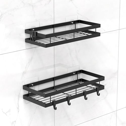 karadrova Duschablage ohne Bohren, 30+32cm Duschregal & 8 Haken, 2 Stück Dusche Organizer, Shower Shelf, Rostfreie Badezimmer Organizer
