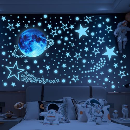 JUNEBRUSHS Leuchtsterne Kinderzimmer, 999 Stück Sterne Leuchtsterne Selbstklebend Leuchtende Sterne Aufkleber Wandtattoo Kinderzimmer Jungen Kinder Mond Sterne Wandaufkleber Schlafzimmer Wohnzimmer