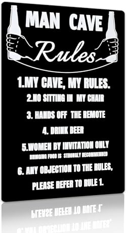 Yiruhe Man Cave Rules Panneau en métal amusant pour bar, salle à vin, décoration murale de chambre, affiche de fête de maison (2414)