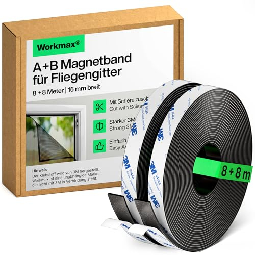 WORKMAX® A+B Bande Magnétique Autocollante pour Moustiquaires & Rideaux (8+8 mètres) | Ruban Magnétique Autoadhésif