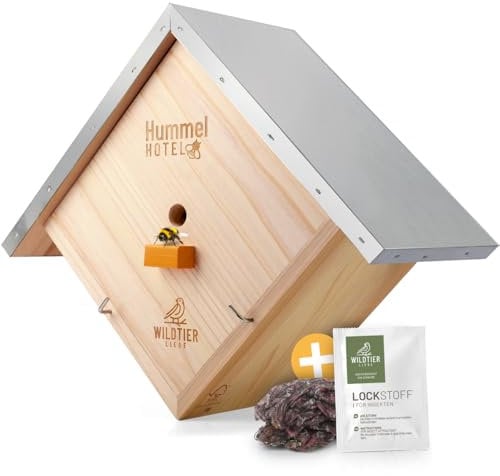 wildtier liebe Hummelhotel zum Aufhängen I Geschraubtes Massivholz, Set - inkl. Lockstoff & Nistmaterial I Nisthilfe für Hummeln aus wetterfestem Holz, Hummelhaus, Insektenhotel für den Garten