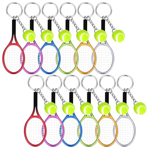 Solinder Tennisschläger Schlüsselanhänger 12 stücke Mini Tennis Schläger mit Ball Keychain Harz Tennis Schläger Schlüssel Ring für Sport Liebhaber