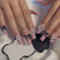24Pcs Long Square Press-on Nails, Squoval Glossy Fake Nails with White French Tips, Acrylic Nails with Bling Glitter&Pearl Flower Designs, Stick-on False Nails with Rhinestones